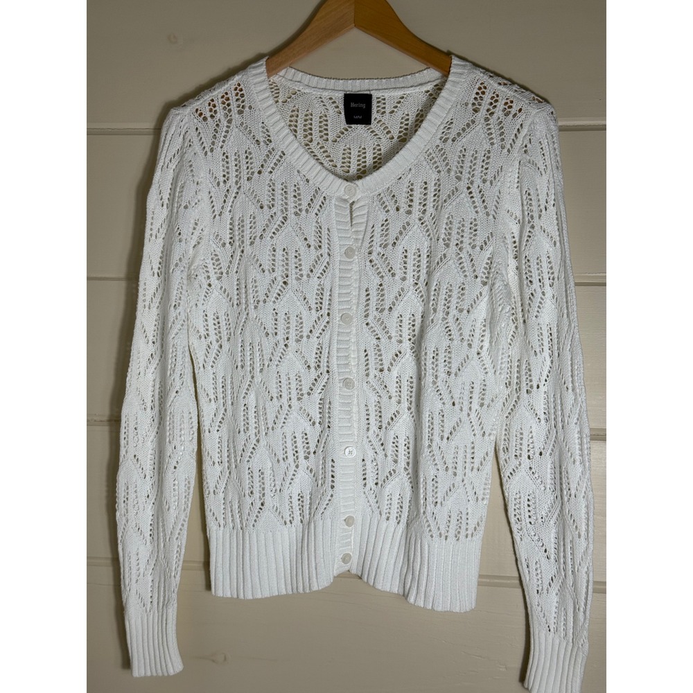 Hering Cardigan Sweater Pointelle Knit White Medium Button Front V-Neck Womens